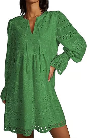 Casual Eyelet Lace Dress – Embroidered Midi Dress – 50% OFF