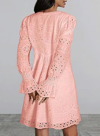 Casual Eyelet Lace Dress – Embroidered Midi Dress – 50% OFF