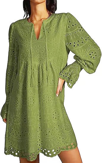 Casual Eyelet Lace Dress – Embroidered Midi Dress – 50% OFF