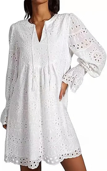 Casual Eyelet Lace Dress – Embroidered Midi Dress – 50% OFF