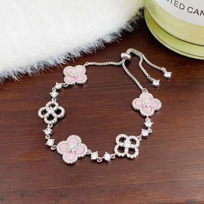 Cherry Blossom Four-Leaf Clover Bracelet – Dainty Diamond-Inspired Charm Jewelry - 50% OFF