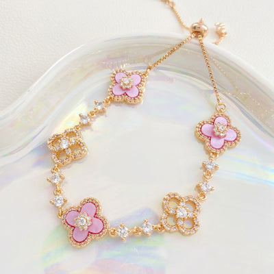 Cherry Blossom Four-Leaf Clover Bracelet – Dainty Diamond-Inspired Charm Jewelry - 50% OFF