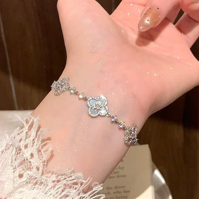 Cherry Blossom Four-Leaf Clover Bracelet – Dainty Diamond-Inspired Charm Jewelry - 50% OFF