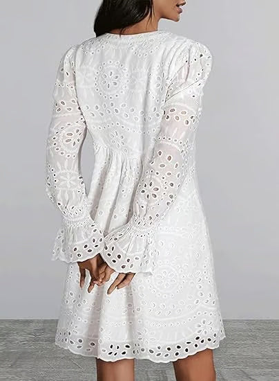 Casual Eyelet Lace Dress – Embroidered Midi Dress – 50% OFF