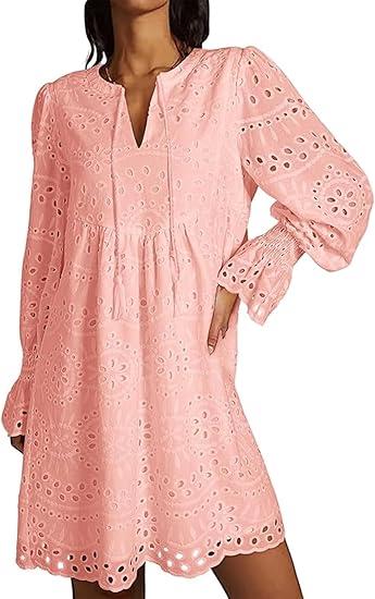 Casual Eyelet Lace Dress – Embroidered Midi Dress – 50% OFF