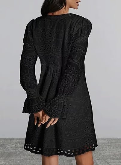Casual Eyelet Lace Dress – Embroidered Midi Dress – 50% OFF